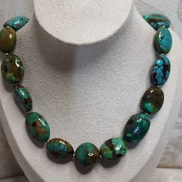 ARTISAN HEAVY TURQUOISE BRONZE NUGGET NECKLACE VINTAGE 80S GEMSTONE - Picture 2 of 11